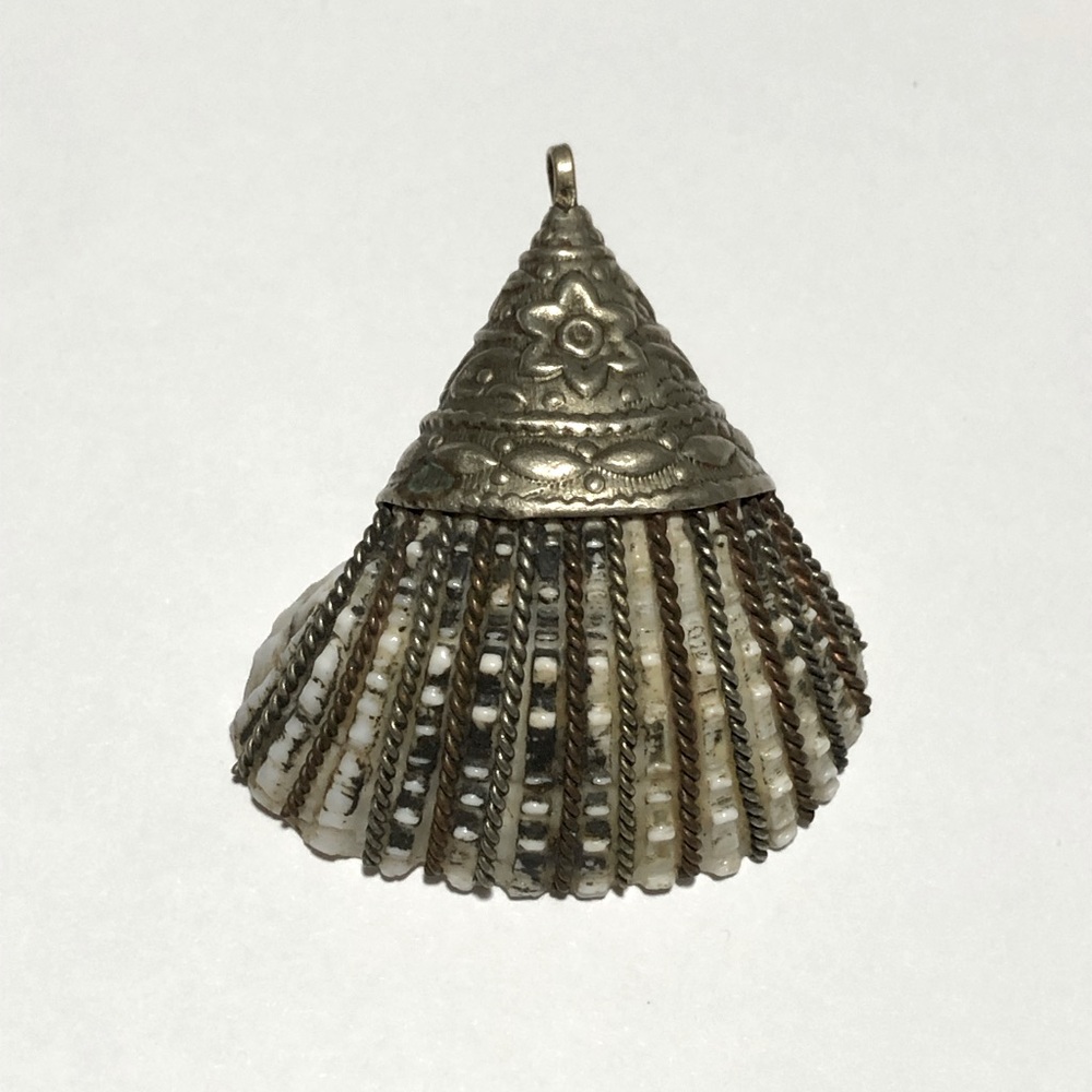 Beautiful Natural Shell Wrapped in Repousse Necklace Pendant